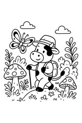 Cute Cartoon Cow Hiking with Backpack and Butterfly in Forest with Mushrooms