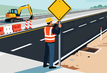 Construction worker installs a road sign on a highway under construction, with excavator in the back