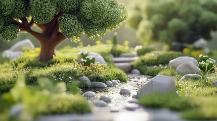 A stylized landscape featuring a stream, trees, rocks, and grass. The scene is bathed in sunlight, creating a peaceful and serene atmosphere.