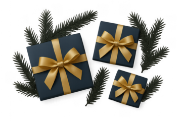 Wrapped gifts with golden ribbons and pine branches for holiday