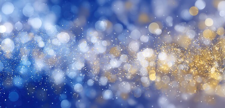 Abstract background with bokeh lights in blue, white, and gold tones, delivering a classy and festive feel great for elegant product presentations, celebration themes, or premium digital content.