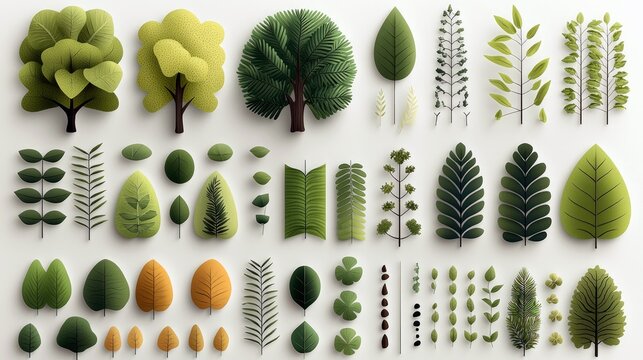 A collection of stylized trees and leaves in various shapes and sizes, arranged on a white background, creating a pattern.