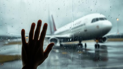 Hand pressed against rainy window, plane blurred in background at airport, somber mood