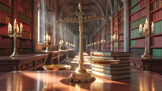 Golden justice scales with law books in a grand classical library illuminated by warm sunlight symbolizing fairness and legal wisdom - Powered by Adobe