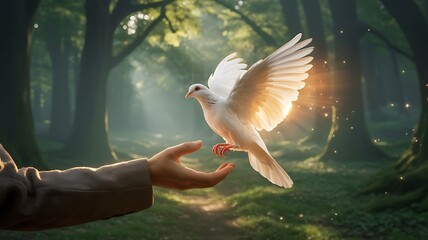 White dove landing gently on a human hand in a sunlit forest with glowing light particles symbolizing peace, hope and freedom
