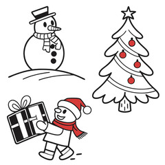 Snowman Christmas tree and gift sticker style outlines