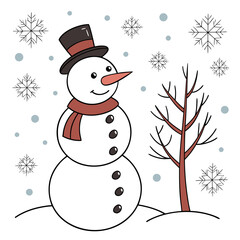 Snowman with Top Hat and Scarf in Snowfall winter snowflakes