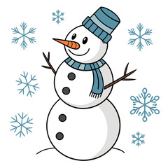 Smiling snowman with blue hat and scarf surrounded by snowflakes