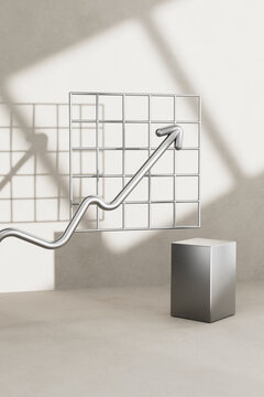 3D render of arrow curving upward over geometric background