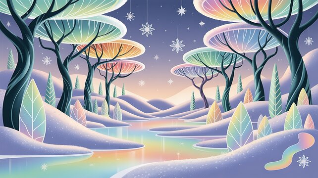 Whimsical pastel winter fantasy landscape with glowing rainbow river, magical trees, shimmering leaves and hanging star decorations