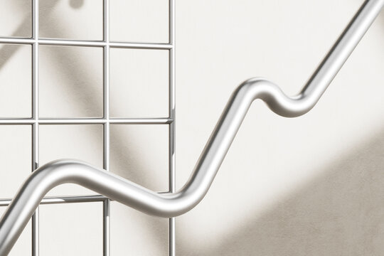 3D render close-up of curved arrow on a white grid wall