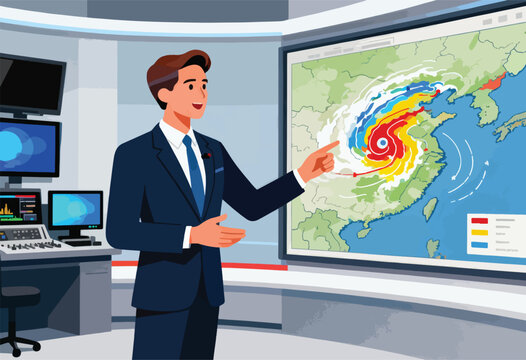A weatherman in a studio presents a hurricane map. Shows a male figure pointing at the storm