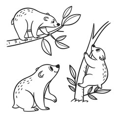 Three black and white cartoon bears climbing trees