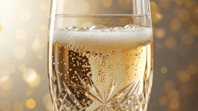 Close-up of bubbly beverage filling a cut-crystal glass against a blurred, golden bokeh background