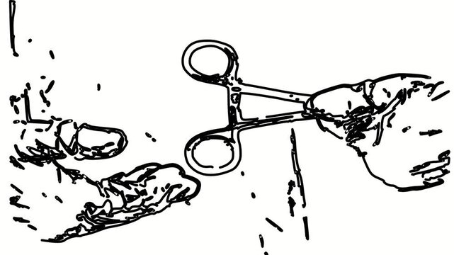 A surgeon's hands holding a scalpel. Contour drawing, silhouett. Video 4k  object illustration, minimalism sketch design modern new