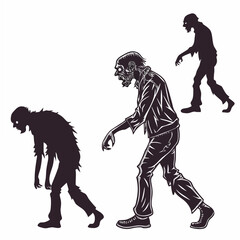Fototapeta premium Three dark zombie figures walking on white background
