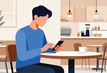 A person in a cafe, absorbed by their phone, sits at a table near a counter and chairs