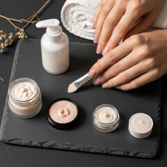 Manicure Hand Care with Lotion and Creams on Slate Board