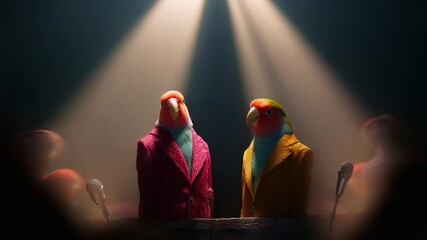 Two Vibrantly Dressed Parrots Stand Confidently on Stage Under a Spotlight, Engaged in a Captivating Debate That Enthralls the Audience Around Them with Colorful Attire and Expressive Stance