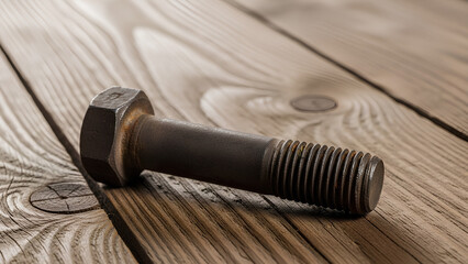 Close-up of rusty metal bolt resting on vintage wooden planks shows industrial strength and resilience