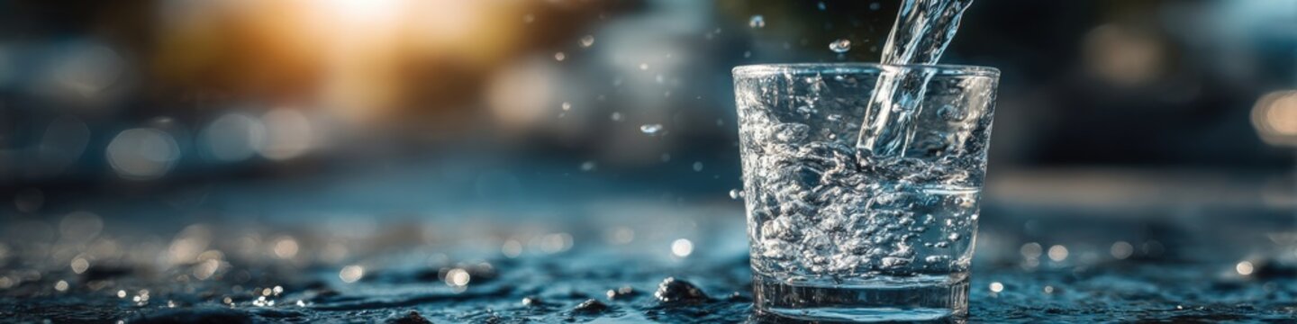 The fresh, clear water is captured in motion as it is pou, filling a glass with refreshing hydration on a bokeh-lit surface, crystal clear purity.