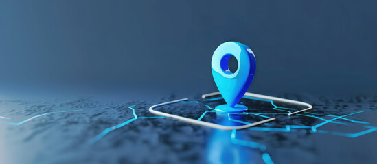 Digital Location Beacon: A sleek, digital representation of a location beacon sits atop a detailed map, rendered in cool, modern tones, suggesting the seamless integration of technology and guidance.