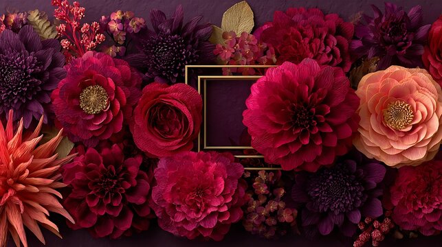 Rich assortment of deep red and purple flowers framing a small gold border