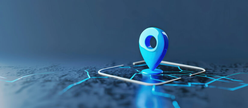 Digital Location Beacon: A sleek, digital representation of a location beacon sits atop a detailed map, rendered in cool, modern tones, suggesting the seamless integration of technology and guidance.