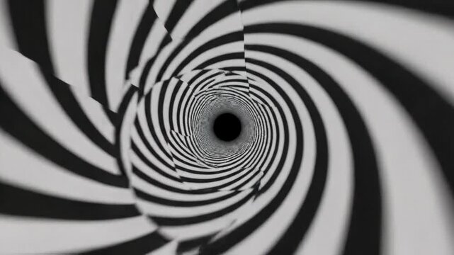 Seamlessly looping hypnotic geometric tunnel pattern moving quickly through an empty abstract void in clean white and black corporate, digital art, repetition