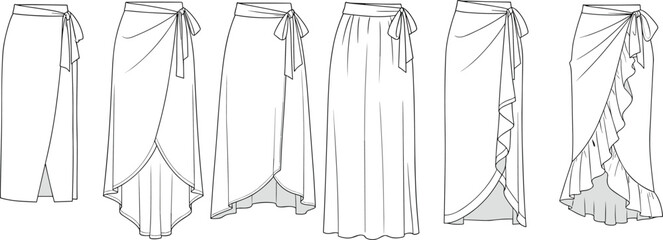 Wrap Skirt Flat Sketch, Fashion CAD Drawing, Vector Illustration, Ruffle Skirt Design, Technical Apparel Template, Long Skirt Fashion Mockup