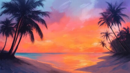 Obraz premium Vibrant painting depicting a tropical sunset over a calm ocean, palm trees silhouetted