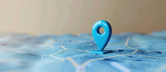 Finding the Destination: A vibrant blue location pin rests on a detailed map, symbolizing exploration, travel, and the pinpointing of a specific destination.