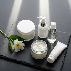 Skincare Products with White Creams and Natural Flower on Dark Slate Surface