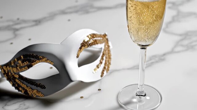 Elegant masquerade mask with gold accents beside a sparkling champagne glass on a marble surface, evoking a festive New Year celebration atmosphere