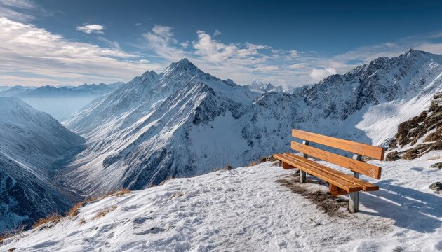 Wooden bench rests on snowy mountaintop overlooking vast, rugged alpine valley under clear sky