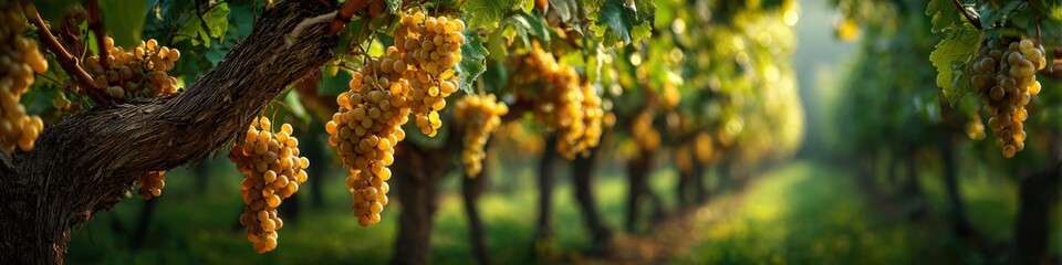 Obraz premium Golden grapes hang heavy on the vine in a sun-drenched vineyard-style orchard, promising a rich harvest in the beautiful countryside landscape.