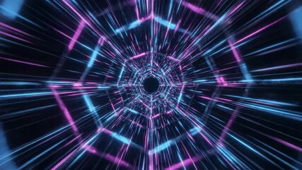 Seamlessly looping hypnotic neon blue and magenta wireframe tunnel zooming forward into infinity motion, lines, design - Powered by Adobe