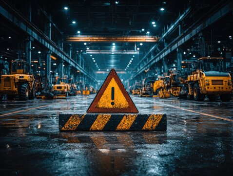 A prominent warning sign and safety barriers alert to potential hazards in a heavy machinery industrial setting with forklifts and vehicles lined in the factory floor.