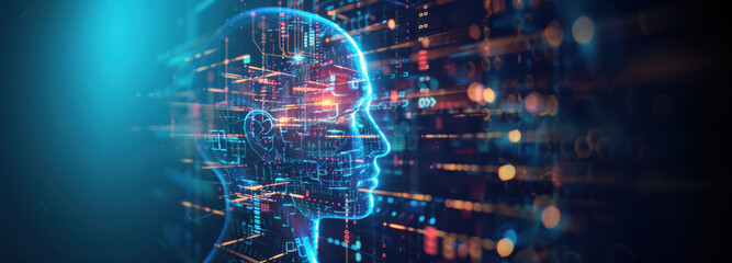 Obraz premium Digital Mind: A futuristic depiction of the human mind, intricately interwoven with digital data streams, symbolizing intelligence, innovation, and technological advancement.
