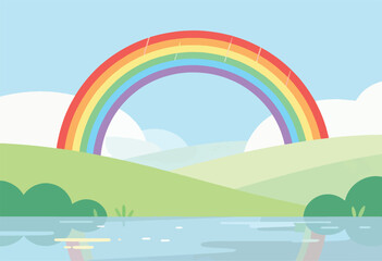 Fototapeta premium A cartoon scene featuring a colorful rainbow arching over a green landscape, reflecting in a lake, blue sky