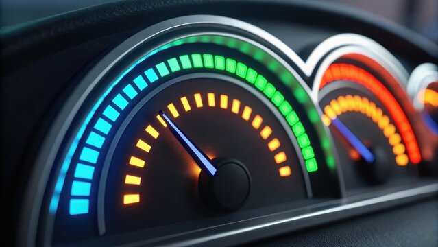 Close-up of a car dashboard gauge displaying speed and fuel levels with colorful indicators.