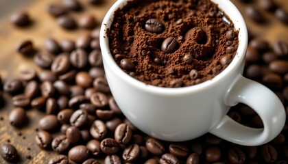 Naklejka premium Coffee Beans and Maskshaped Arrangement Wooden Surface