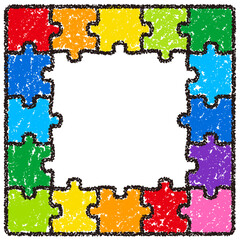 手描きのクレヨン素材　背景　パズル型のフレーム