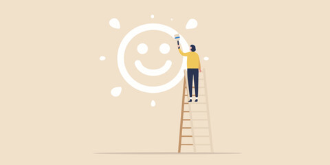 Person painting a smiley sun on a wall with a ladder