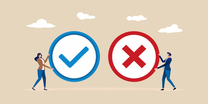 Man and woman holding checkmark and cross symbols representing choice and decision