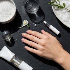 Skilled Hand Applying Skincare Serum on Black Surface with Beauty Products and Flowers