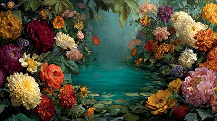 Lush floral border framing a tranquil, turquoise secret garden pond