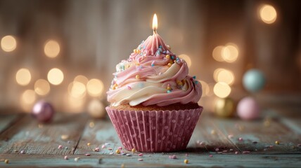 Delicious birthday cupcake with colorful frosting and sprinkles on festive table for celebration party and special occasion