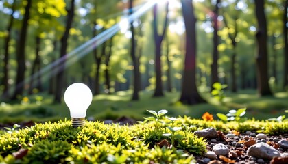 Serene Ecofriendly Scene with Glowing Lightbulb and Forest