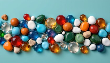 Colorful Glass Pebbles Arranged Teal Background